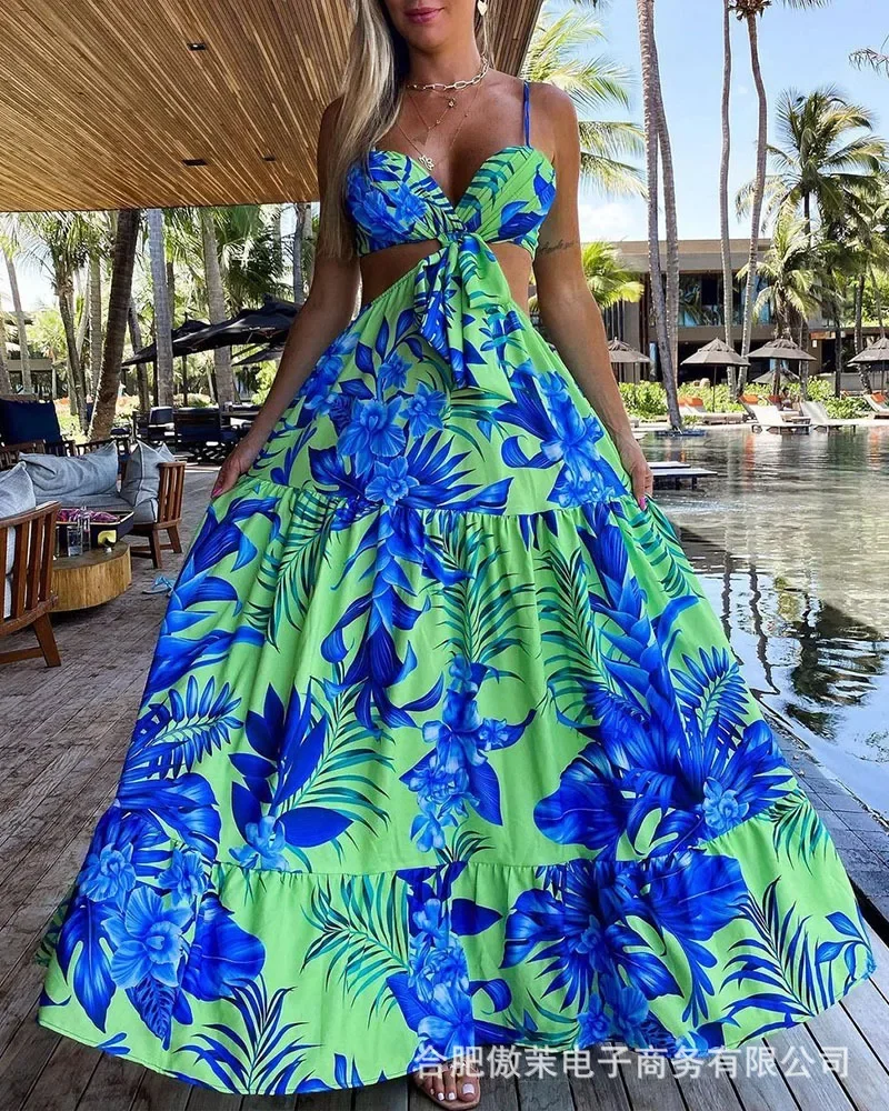 

Cutout Tied Detail Tropical Print Cami Maxi Dress Women Party Night Club Vestidos Beach 2023 Summer New Dresses Prom Dress