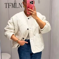 TFMLN Women's Autumn Cotton Jacket 2025 New Arrival Vintage O-Neck Large Pocket Decorative Quilted Coat for Women