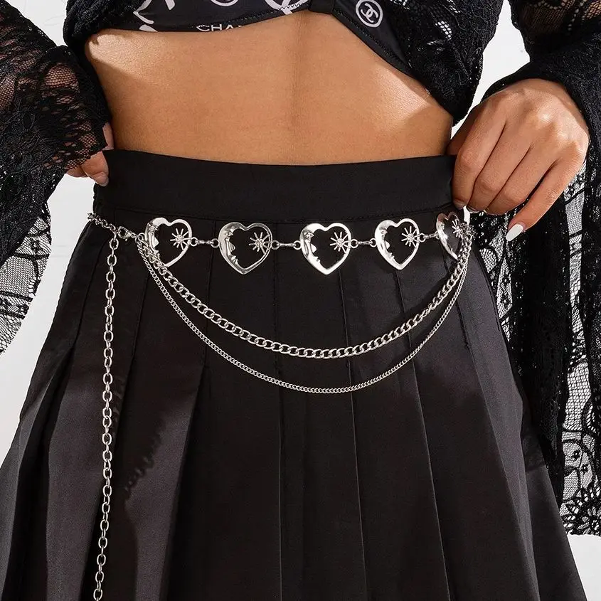 Adjustable belt for women, multi-layer metal chain, belly waist chain, hip hop skirt belt, love heart, Y2K accessories, fashion.