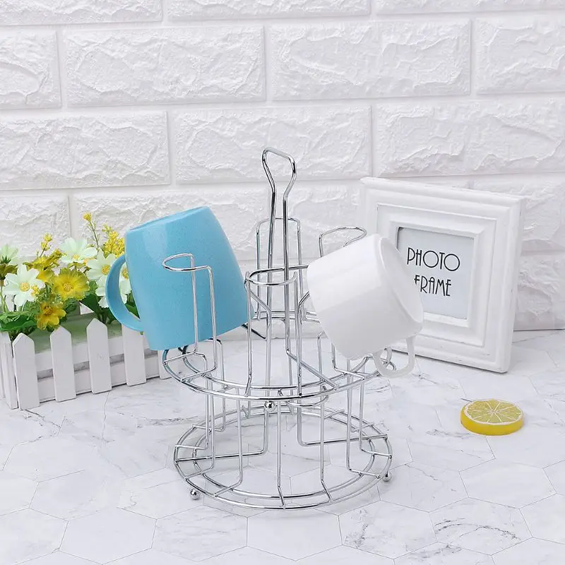 Mug Tree Iron Holder Coffee Cups Drain Organizer 6 Racks Stand cup storage holder
