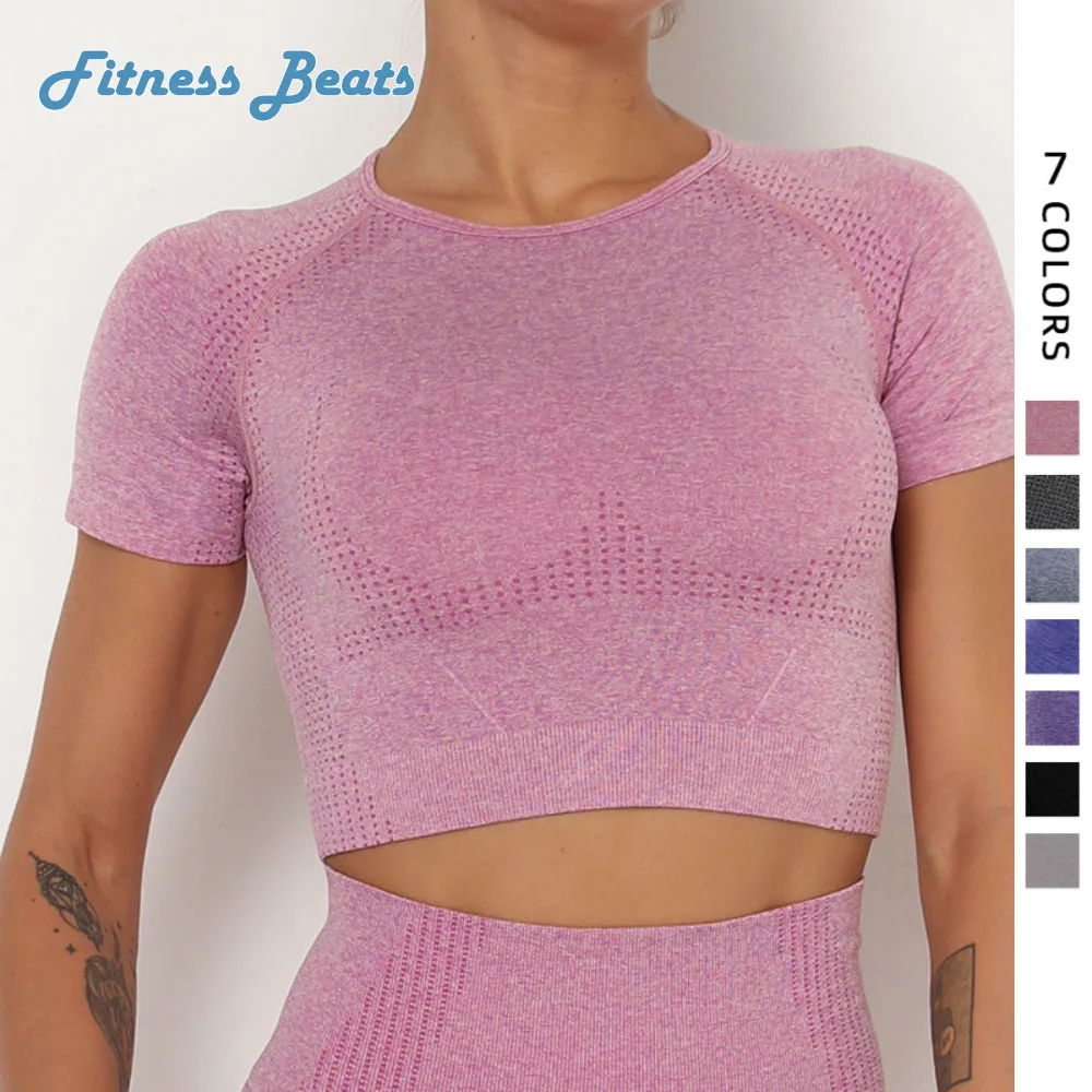 

Yoga Tops Jacquard Dot Sports Seamless Fitness Quick Drying Breathable High Elasticity Shockproof Gathering Ladies Short Sleeved