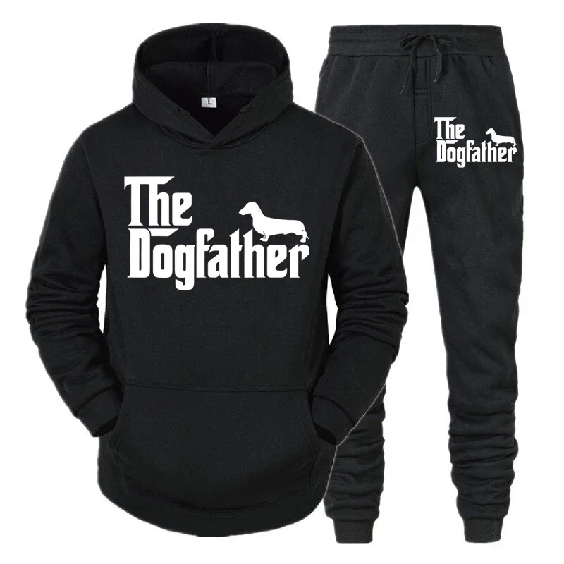 thumbnail image 1 of Conjunto de dos piezas "El Dogfather" Divertido chándal casual para amantes de los perros salchichas para hombre Otoño Conjunto de ropa deportiva holgada con capucha estilo hip hop con animales, 1 of 4