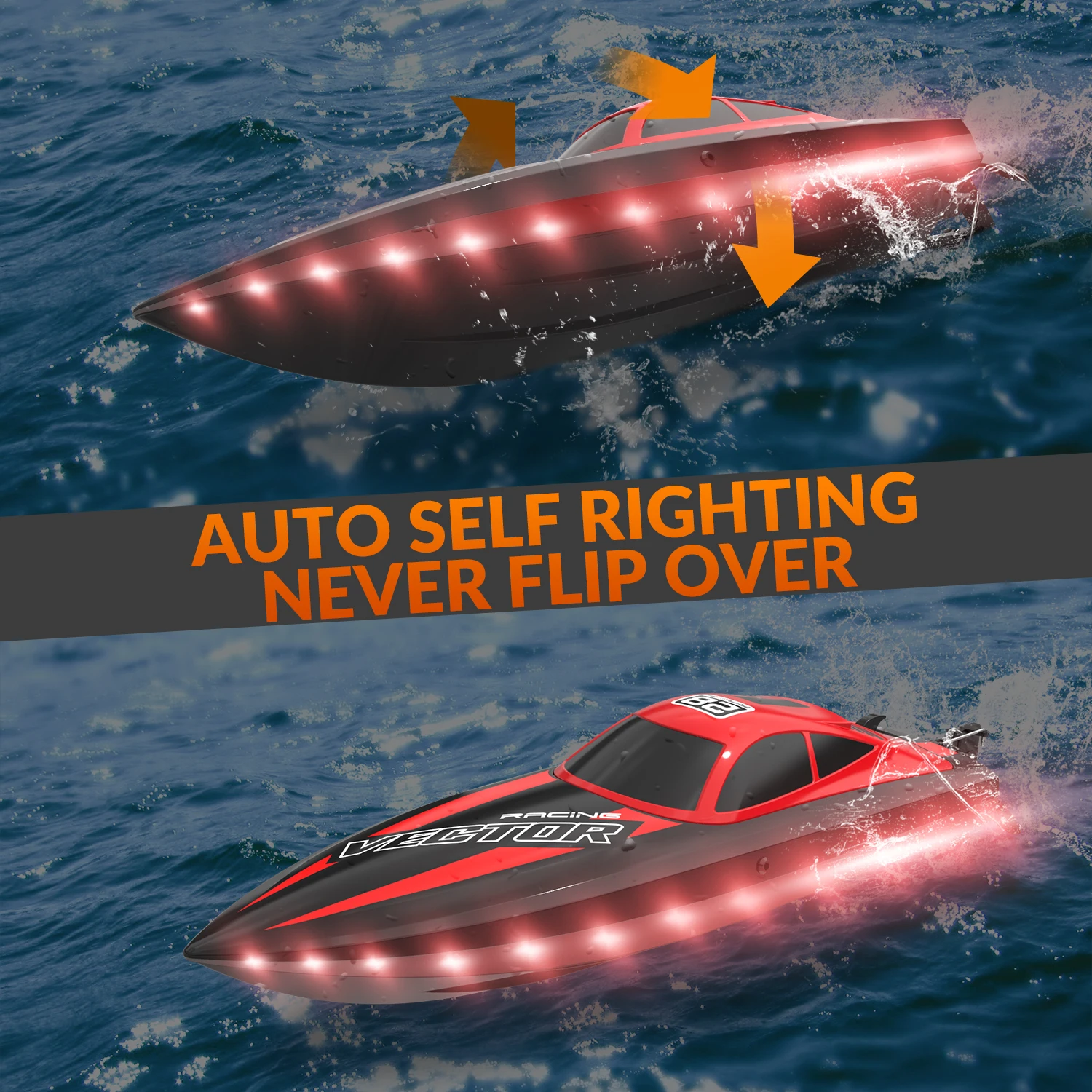 Bateau télécommandé rapide 2.4GHz flottant sur l'eau calme, reflet du soleil sur la coque