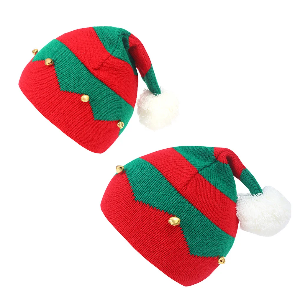 Adult Kids Knitted Christmas Hats Women Men Boy Girl Red Green White Stripe Parent-Child Beanie Pompom Hat Merry Christmas Gifts