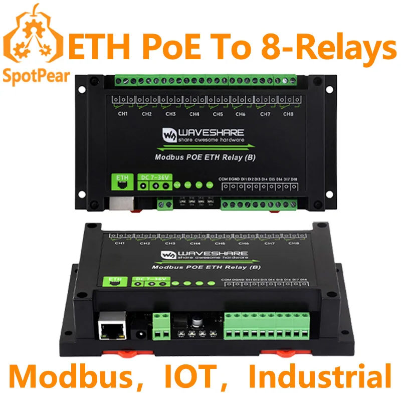 Waveshare Industrial Modbus RTU 8-Ch Relay Module (E) With RS485 Interface, 30A High Current, Multi Isolation Protection Circuits, Onboard Optocoupler Isolation, Rail-Mounted Case