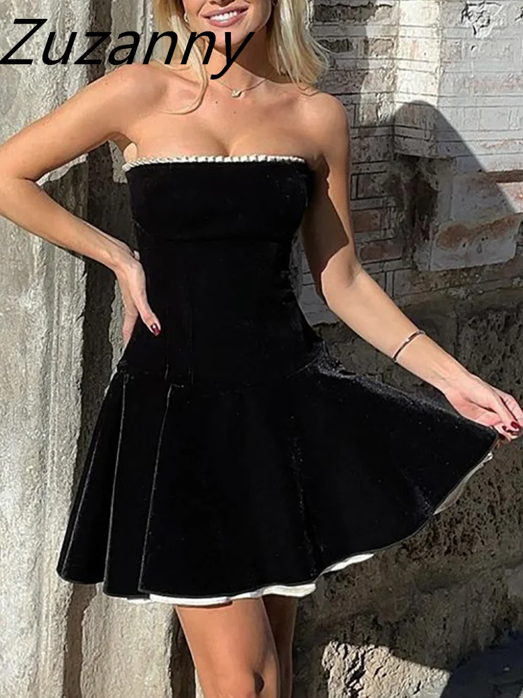 

Zuzanny Black Velvet Strapless Sexy Pleated Bodycon Dress Women Elegant 2024 New Summer Ruffle A Line Mini Short Party Dresses