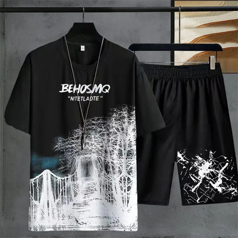Summer New Men's Two Piece Set Gradient Casual T-Shirt and Shorts Sets Men Sports Suit Fashion Short Sleeve Tracksuit Pullover