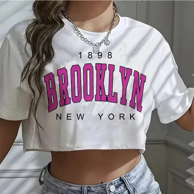 T Shirt Los Angeles Number 91 Brooklyn Graphic Round Neck Sports Crop T-shirt Casual Crop Top Women Cropped 2