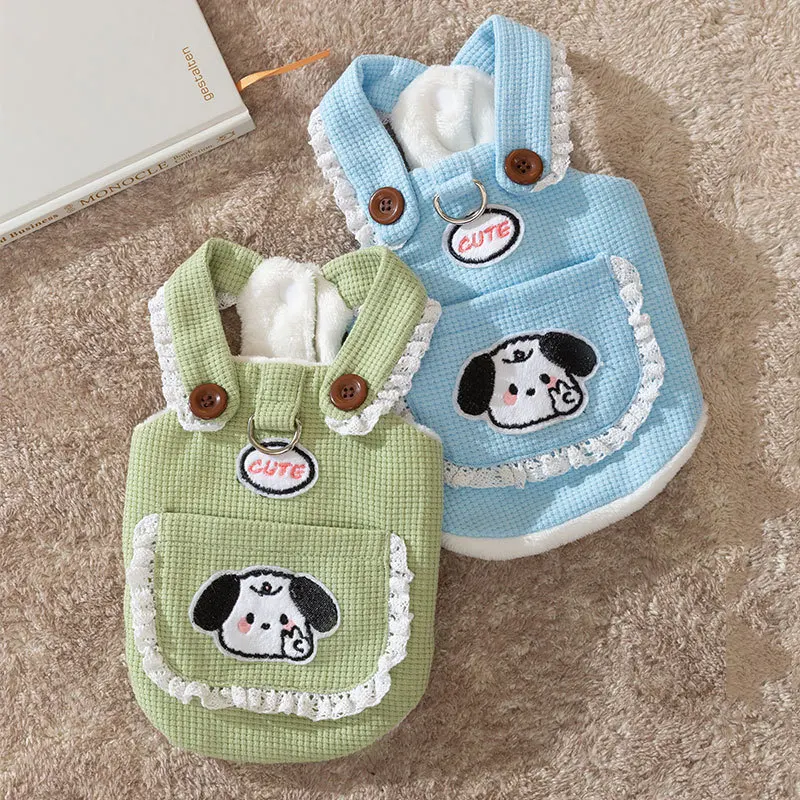 

Cute Puppy Plush Suspender Pet Clothes for Winter Warmth Two Legged Clothes Teddy Pocket Dress Cartoon Dog Clothes