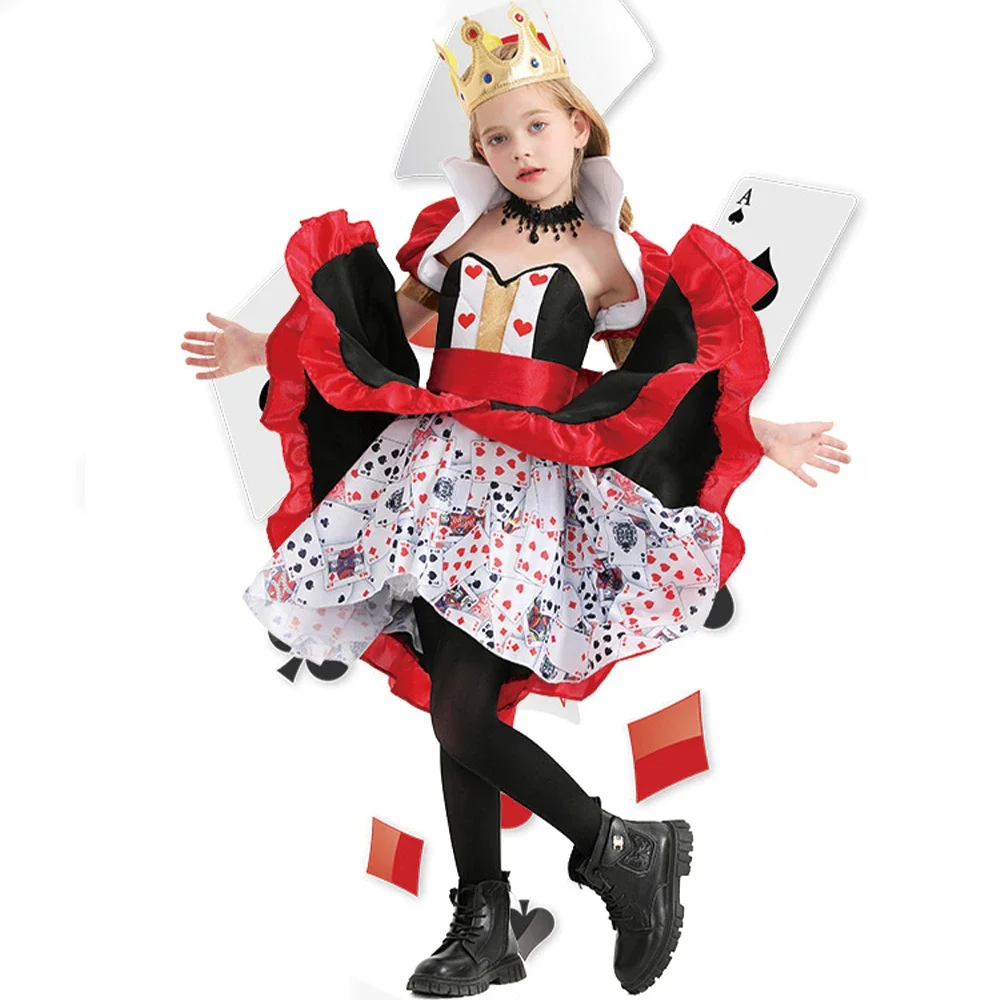 

Children Girls Poker Queen Cosplay Outfit Kid Halloween Carnival Party Alice in Wonderland Peach Heart Queen Poker Printed Dress