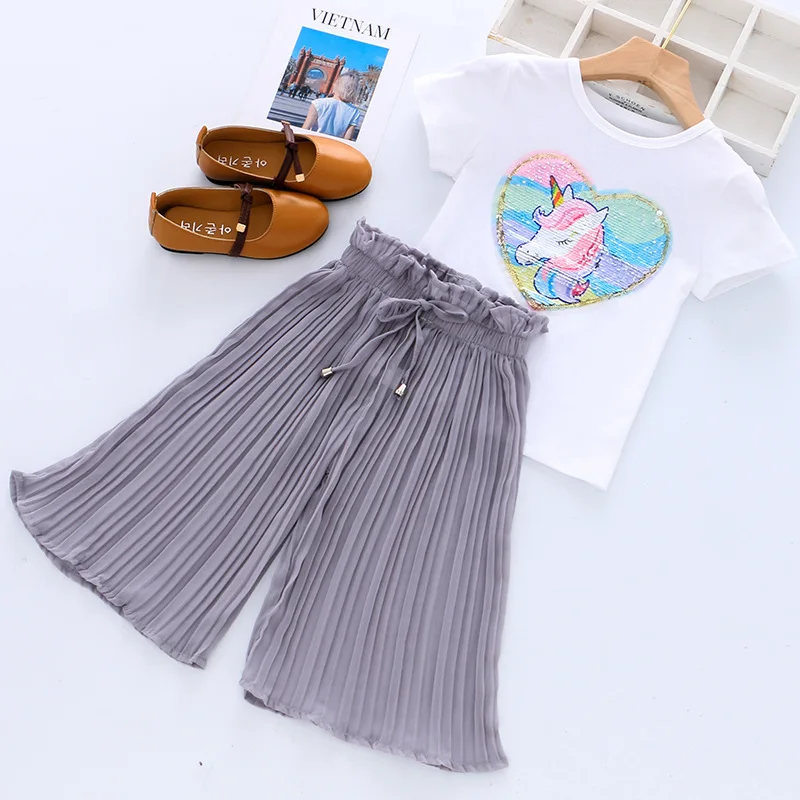 Baby Girls Summer Casual Clothing Suits New Fashion Cartoon Unicorn Sequins T-Shirt Chiffon Pants Outfits Children's Clothes