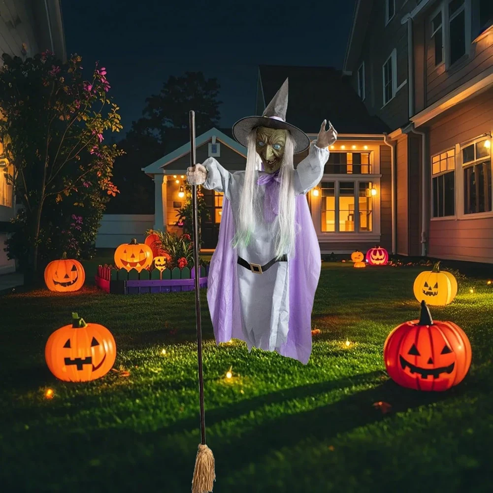 Halloween 180cm Flying Witch Decor Hovering Flying Witch Decorations with Scary Sound Halloween Props Horror Themed Scary Props