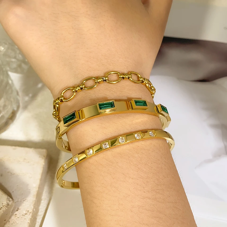 Luxury Gold Plated Stainless Steel Cuff Bracelet For Women Men Green Cubic Zircon Couple Bangle Waterproof Fashion Jewelry Gift 2