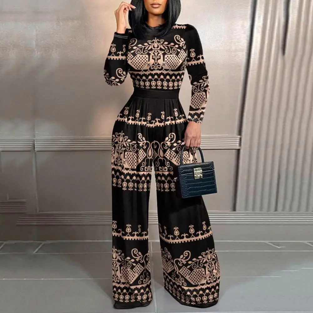 

Wide Leg Jumpsuit Elegant Office Lady Long Romper Women's Autumn Winter Printing Jumpsuit with O-neck Long Sleeve Waist Tight
