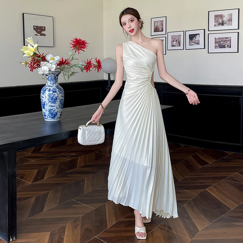 French New Summer Sexy Satin Irregular Pleated Party Long Dress