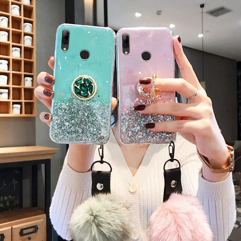 

Fur Ball Glitter Case for Huawei Y9 Y6P Y5 Y6 Prime 2019 Y8S Honor X7 X8 X30i 50 10X Lite 10i 9X 9A Nova Y70 Plus Silicone Cover