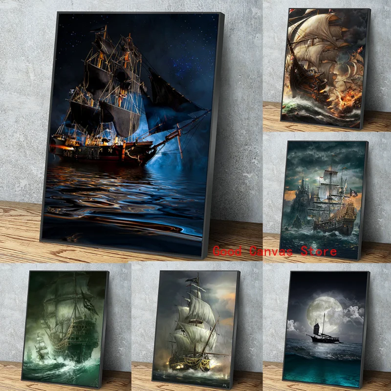 Pirate Ship Dark Sea Battle Poster 18Th Century Naval Battle Canvas Painting Space Boat Print Wall Art Pictures Room Home Decor