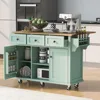 Rolling Kitchen Island with Drop-Leaf Countertop, 5 Wheels, Storage Cabinet & 3 Drawers, Rubber Wood, Mint Green, Mobile Cart 1