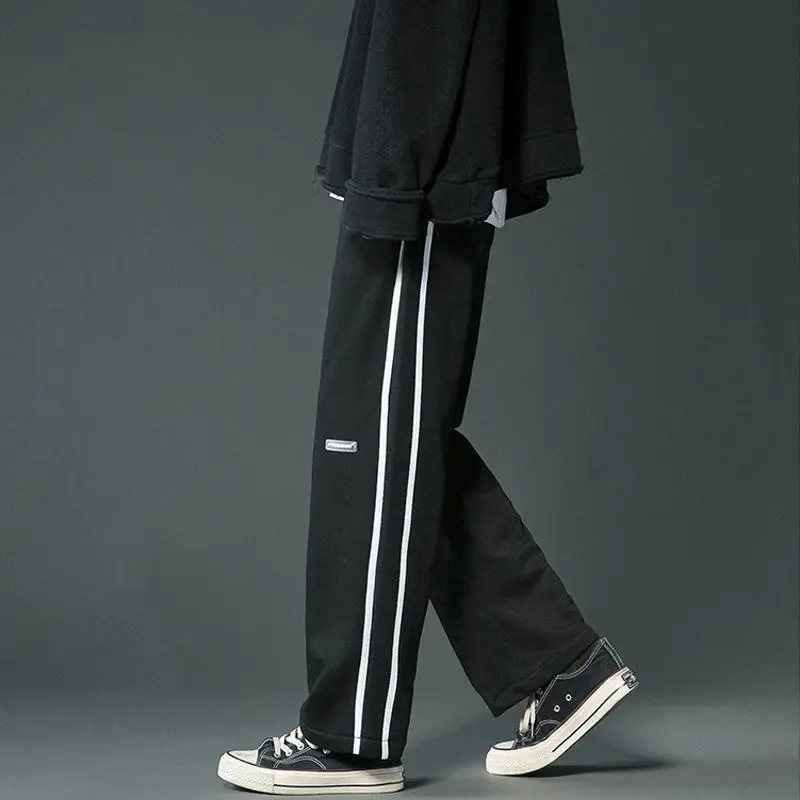 Korean Fashion Men Clothing Straight Sweatpants Spring Autumn Streetwear Casual Versatile Elastic Waist Loose Striped Trousers