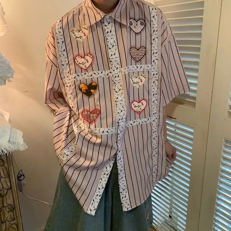 

Deeptown Vintage Striped Short Sleeve Shirt Love Embroidery Blouses Y2k Streetwear Oversized Japanese Korean Style Tops Harajuku