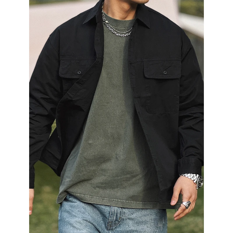 

Рубашка-карго мужская с длинным рукавом, модная свободная повседневная верхняя одежда в стиле Харадзюку, черная кофта в стиле ретро, весна-осень