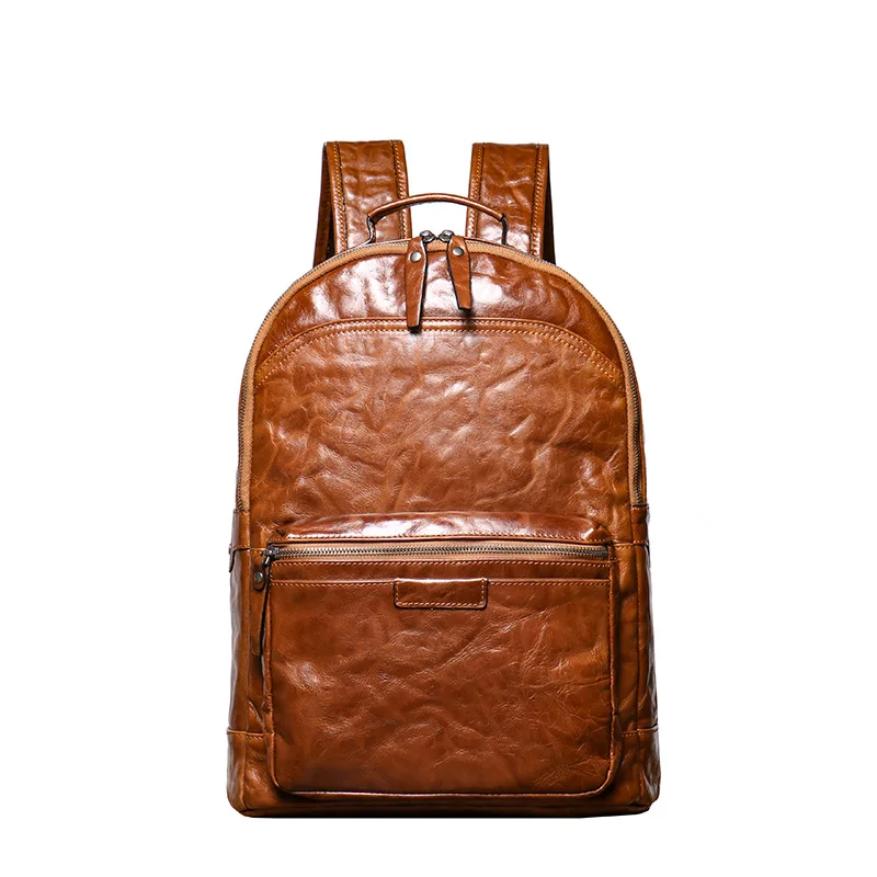 Genuine Leather Backpack for Men, Vegetable-tanned Cowhide with Hand-grabbing Texture, Fits 15-inch Laptop, Travel Shoulder Bag