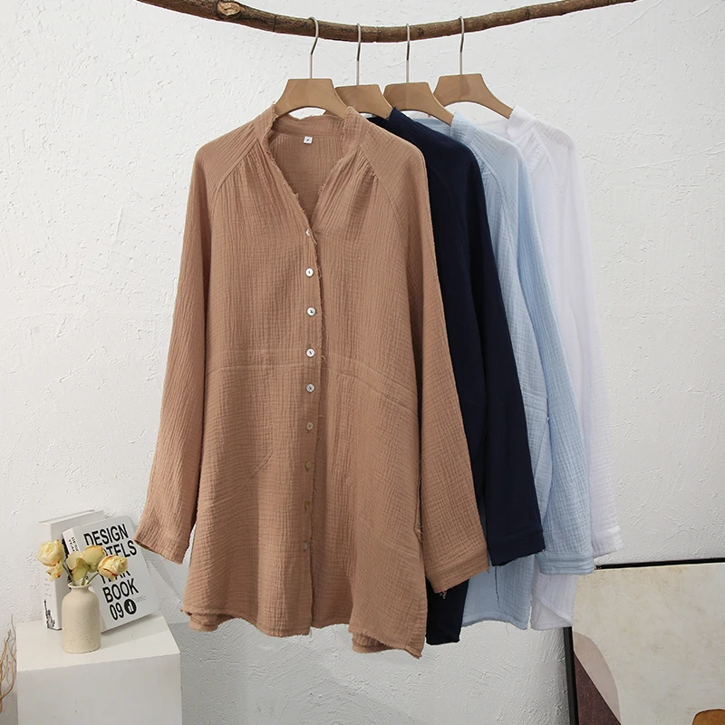 

Retro Oversized 100% Cotton Woman Shirts Turn-Down Collar Long Sleeve Button Up OL Shirt Streetwear Top Blusas