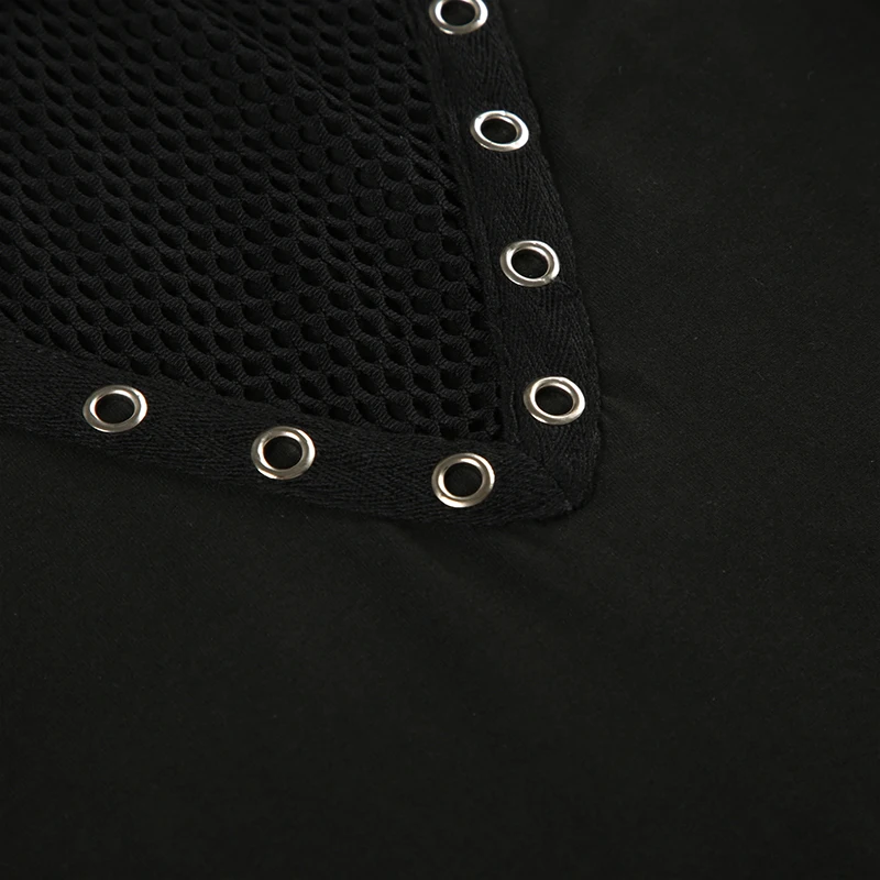 Gothic Style Fishnet Patchwork T-shirt Grommet Eyelet Fashion Black Off Shoulder Fitted Top 2000s Vintage Streetwear