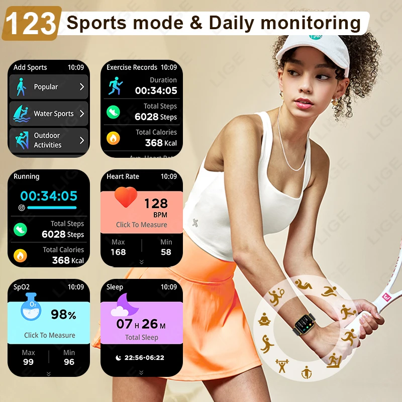 LIGE Voice Calling Smart Watch Men Women 2.01 Inch Ultra Blood Pressure Health Monitor 100+ Sports Fitness Bluetooth Smartwatch