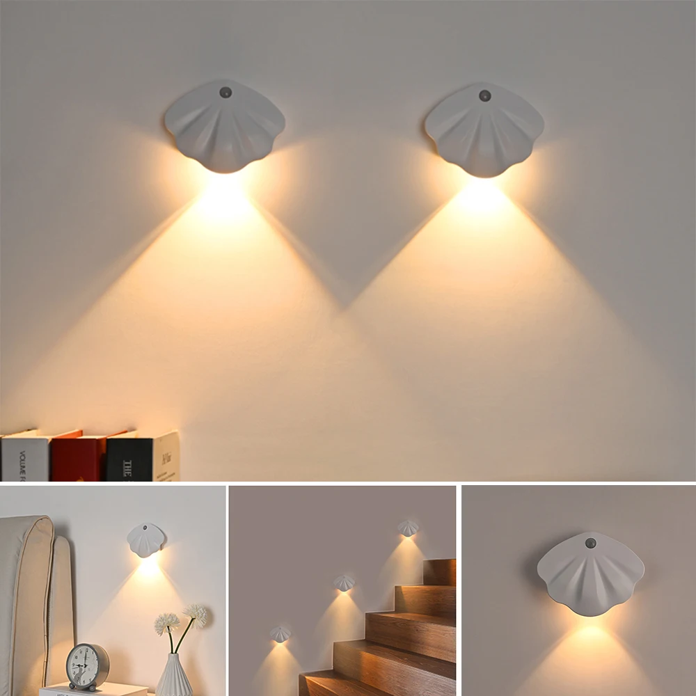 

Modern Motion Sensor Wall Lamp 3 Color Temperature Dimming Charging Bedroom Walkway Cabinet Indoor Night Light Shell Wall Lamp