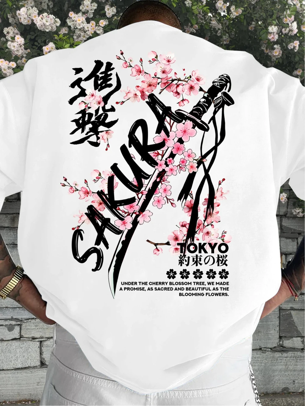 Herren 100% Baumwolle Kirschblüten-Samurai-Schwert-Muster T-Shirt Sommer Lässiger Japanischer Street-Style Kurzarm-T-Shirt