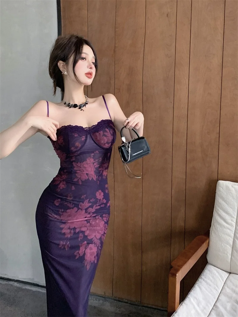 

Purple Printed Camisole Dress For Women's Summer Cheongsam, Princess Lace Dress, Slit Sexy Waist Wrap, Buttocks Long Dress