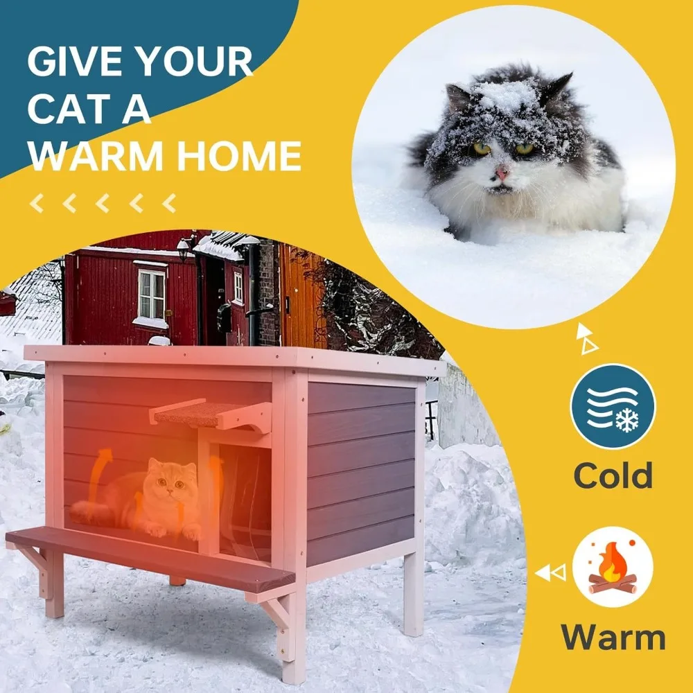 Insulated Cat House Outdoor Weatherproof Feral Cat Shelter for Winter Large Wooden Enclosure with Escape Door