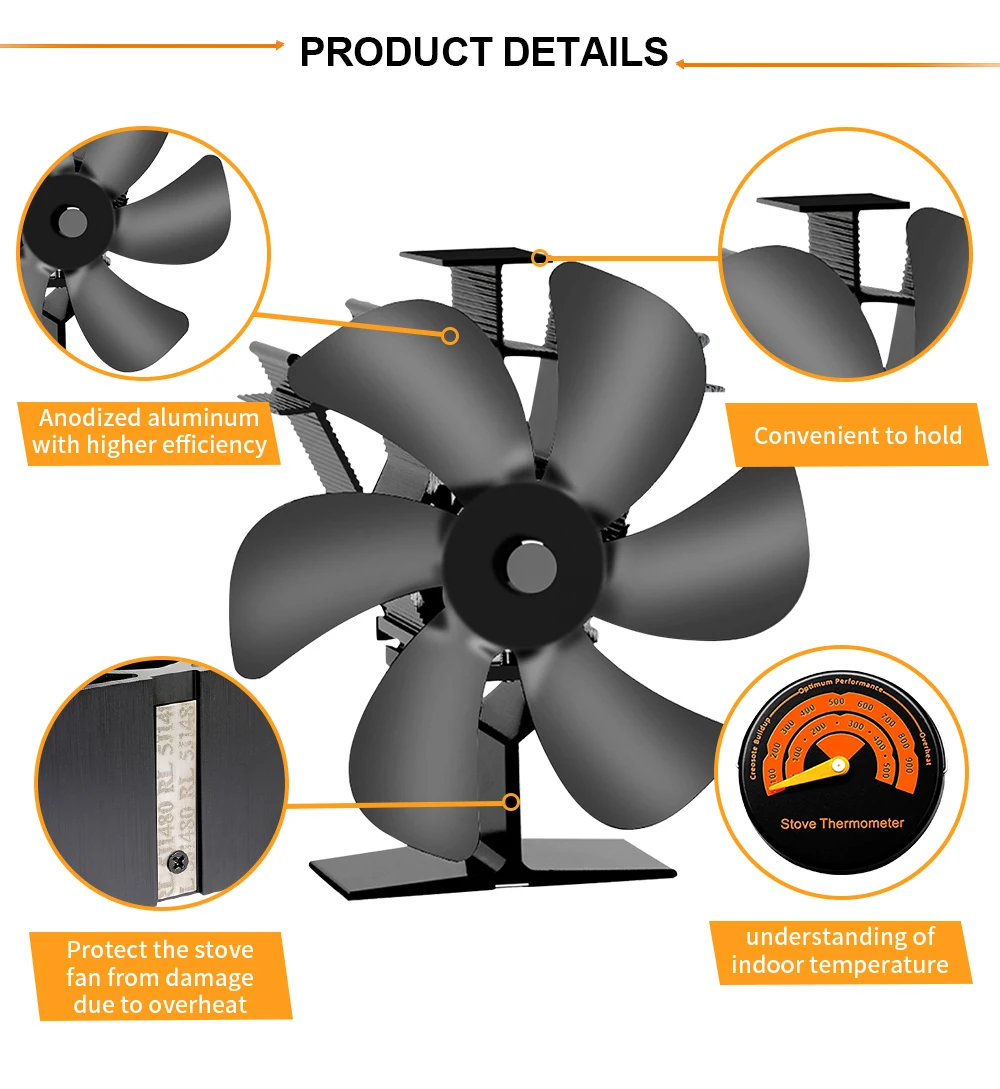 Stove Fan 6-Blade Heat Powered Wood Log Burner Fireplace Quiet Environmental Heater Tool Efficient Heat Distribution