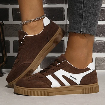 Faux Suede Brown Platform Sneakers Women 2026 Spring Non Slip Flat Heels Casual Walking Shoes Woman Thick Sole Vulcanize Shoes 1