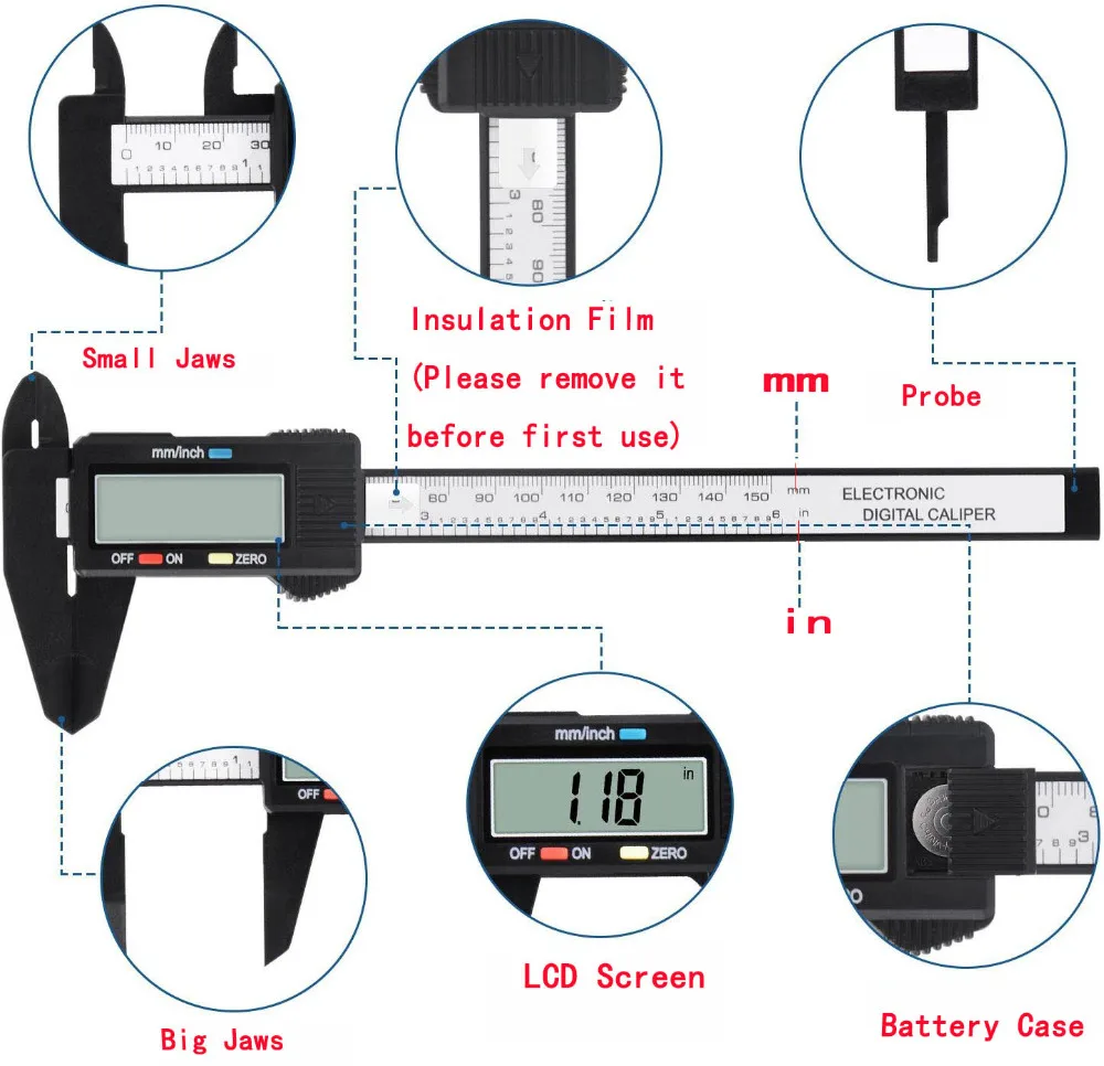 caliper types 150mm 100mm Electronic Digital Caliper Carbon Fiber Dial Vernier Caliper Gauge Micrometer Digital Ruler Measuring Tool inch micrometer