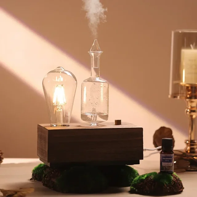 Essential Oil Aroma Diffuser Round Solid Wood Waterless Aromatherapy Scent Machine LED Colored Nebulizing with Higher Atomizing 4