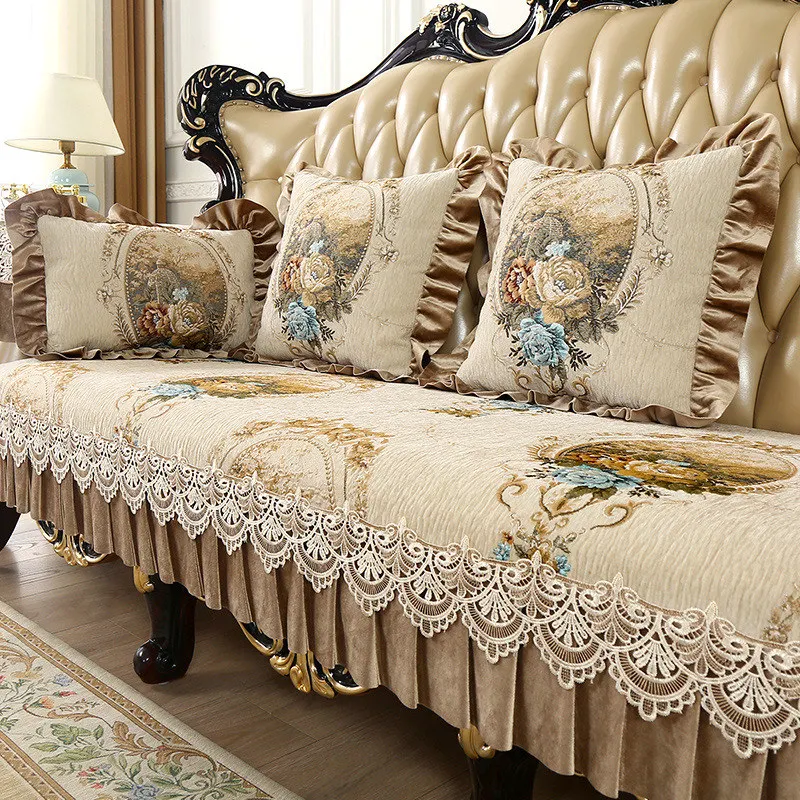 Retro Chenille Lace Sofa Cover 1 2 3 Seater Floral Leather Couch Slipcover  Protector Armrest Chair Cover Anti-slip European