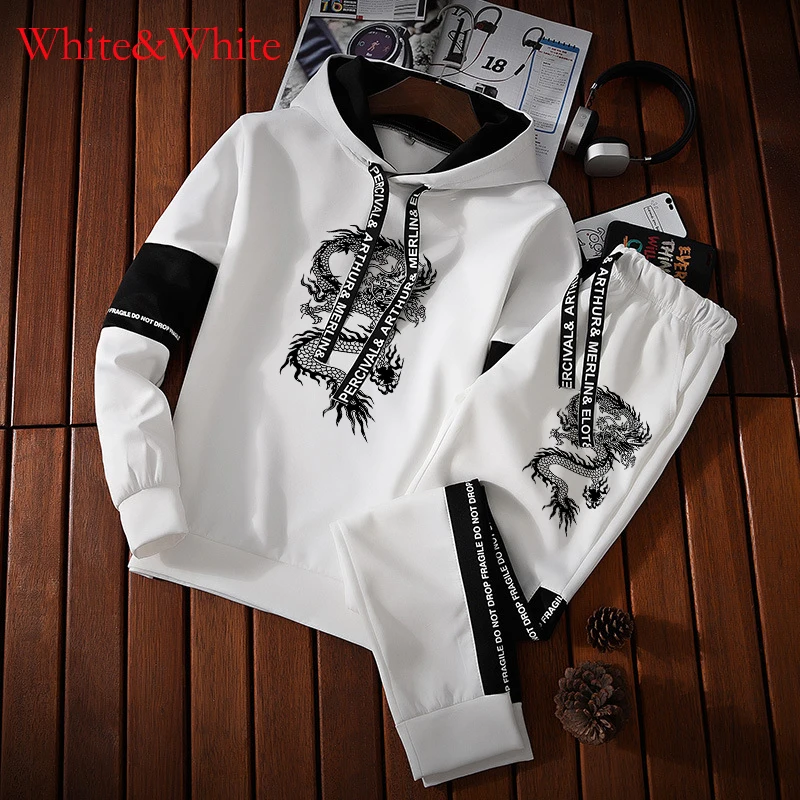 Men's Clothing Fashion Chinese Style Dragon Print Sports Wear Jogging Suits Hooded Tracksuit Set Hoodies+Sweatpants Sweat Suits