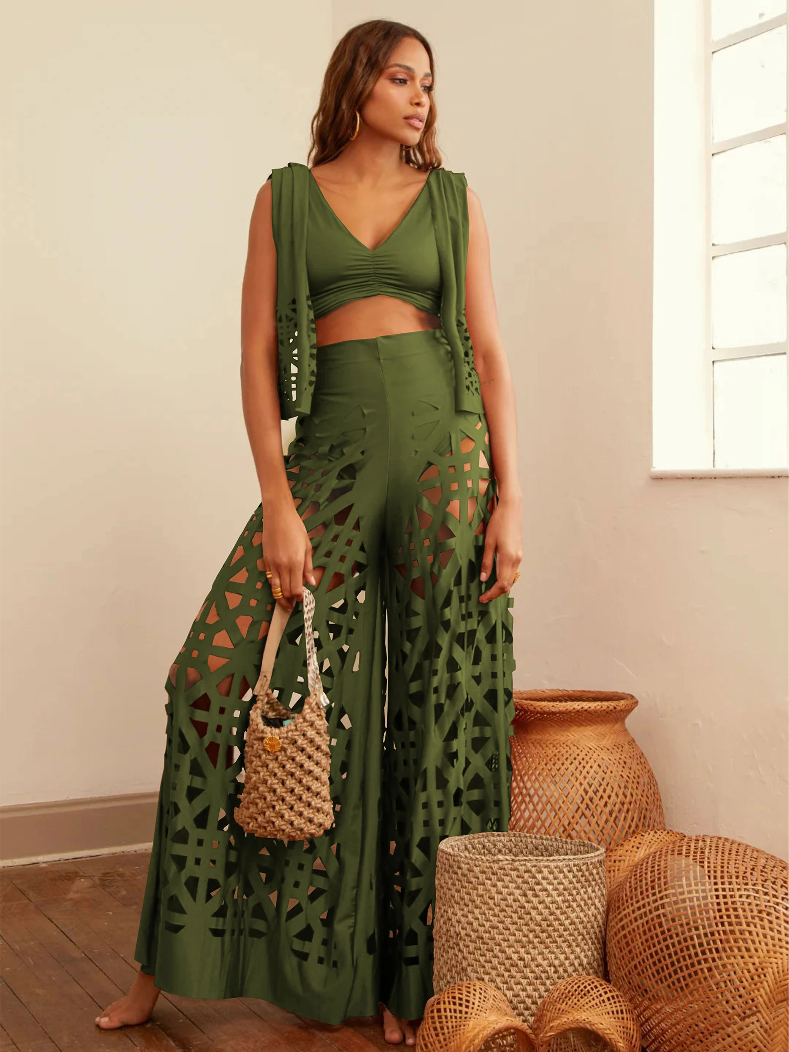 2024 Hot Sale Women Pants Set Hollow Out Wide Leg Pants Solid Color Trousers Overalls For Ladies High Street Female Clothing