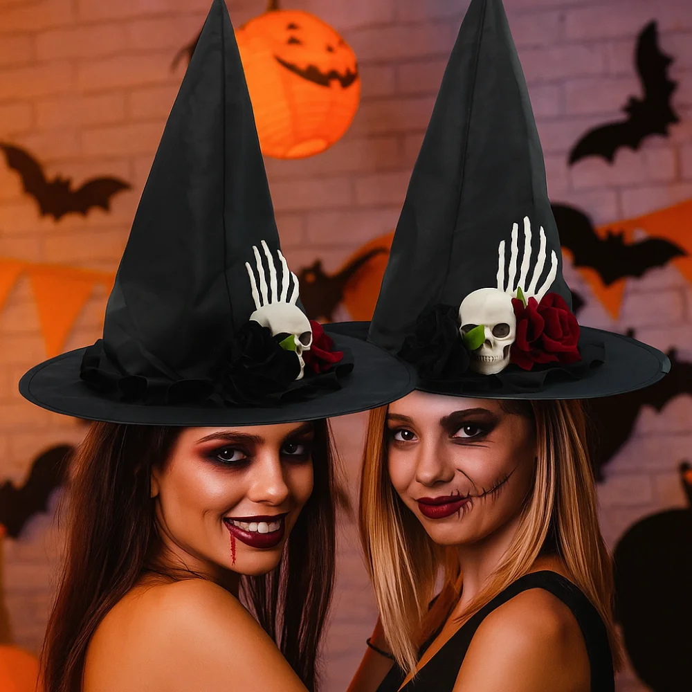 Punk Skeleton Hand Skull Wizard Cap Black Oxford Halloween Witch Hats Flower Decoration Witch Hat Night club