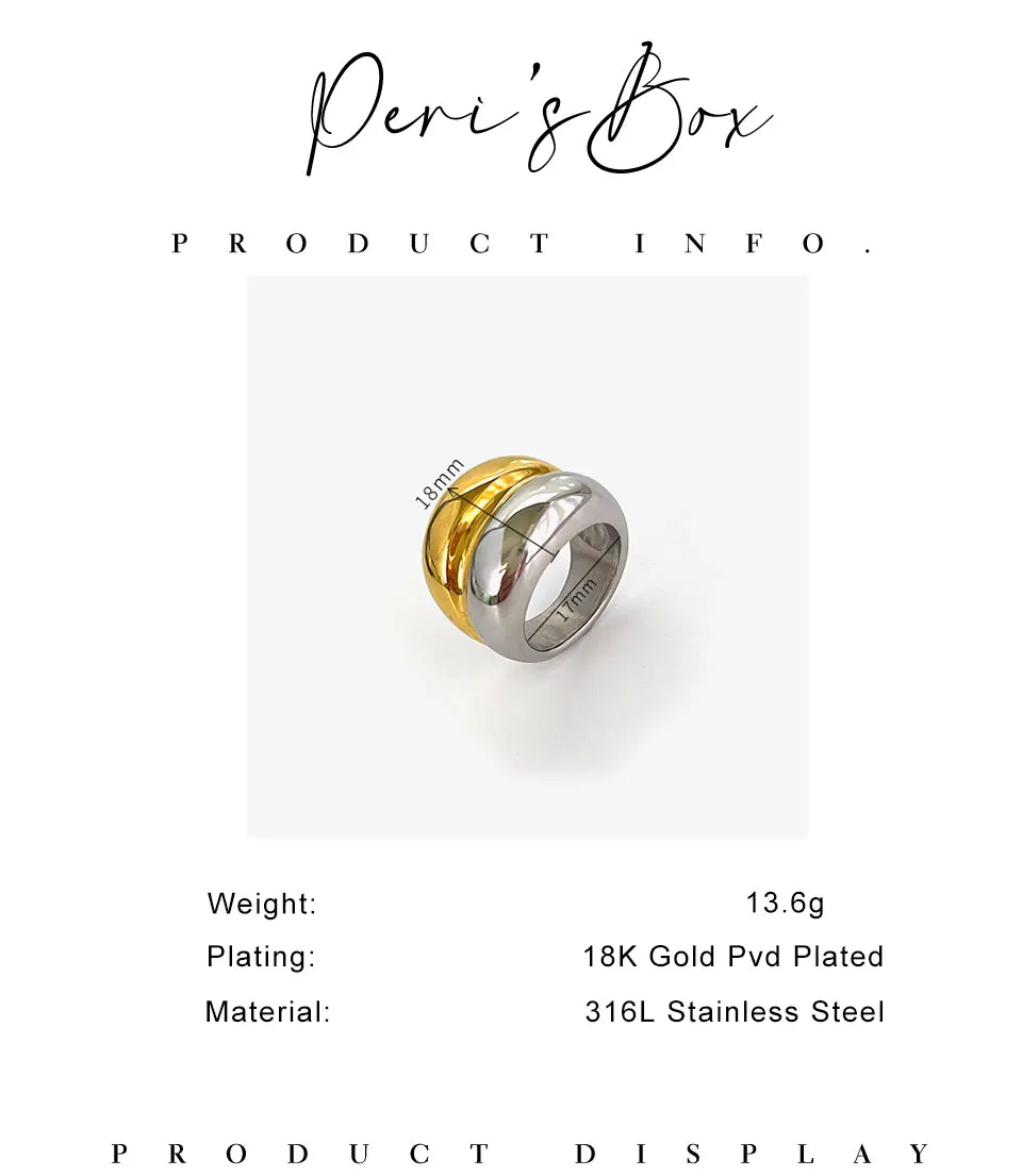 Peri'sbox Trendy 18K Pvd Gold Silver Plated Two-tone Chunky Dome Rings for Women Men Stainless Steel Double Layer Wide Ring Punk