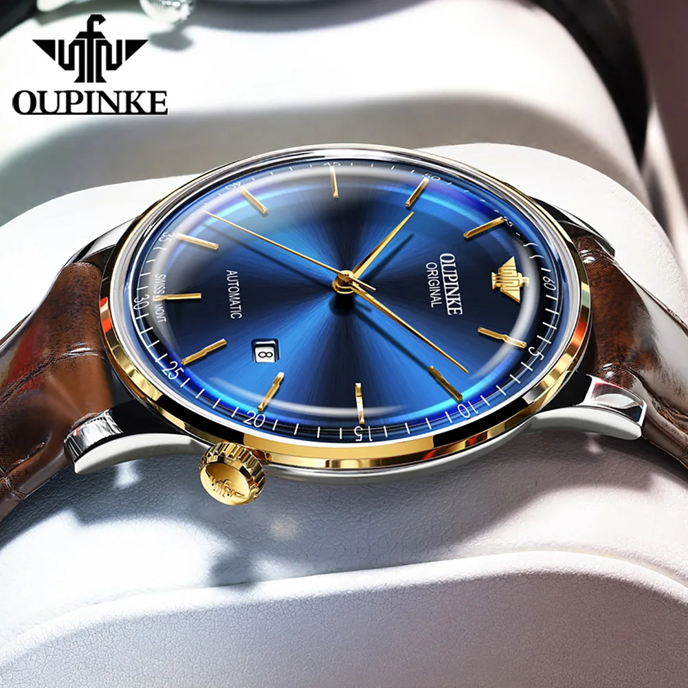 

OUPINKE Original Luxury Ultra Thin Watch Men Automatic Mechanical Slim with Date Brand Leather Wrist Watches Relogio Masculino