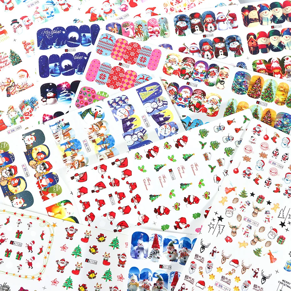 12pcs Christmas Nail Sticker Santa Claus Elk Snowman Gift Water Transfer Slider Full Wrap Xmas Cartoon Winter Decal SABN/A-1