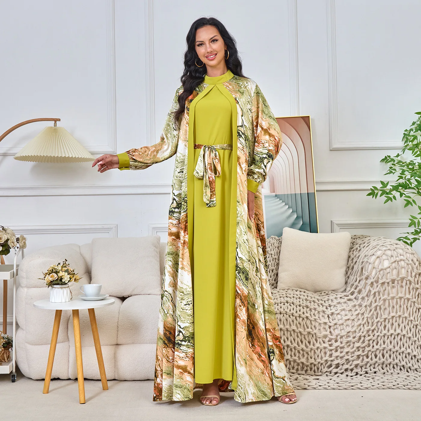 MT200 Muslim clothing new printed cardigan two-piece formal dress - Image 2