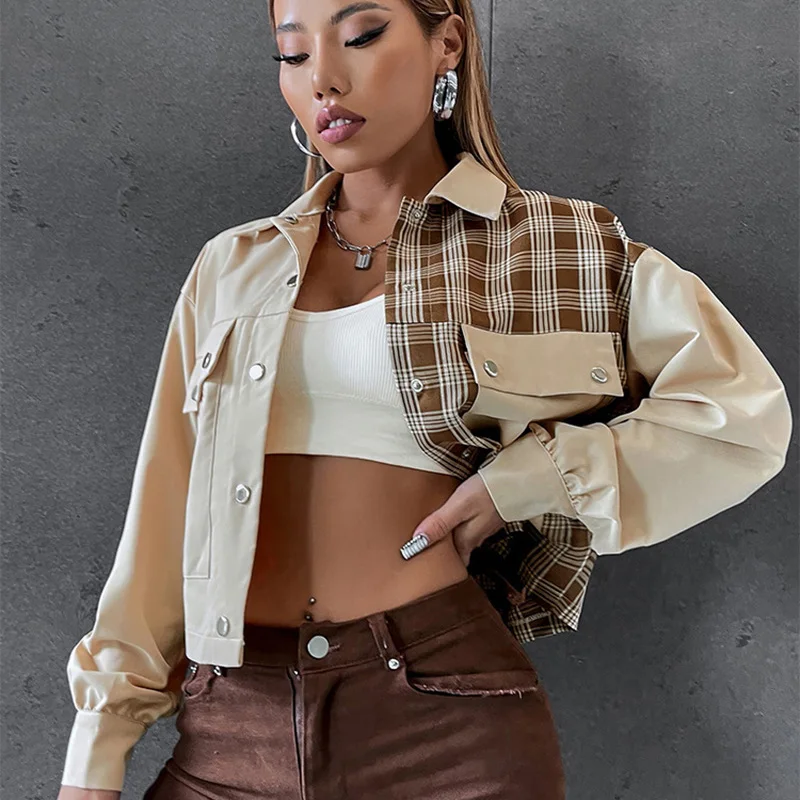 Fashion Plaid Pocket Women Short Jackets Spring New Long Sleeve Button Blazer Turn-down Collar Streetwear Tops Female Fall Coats