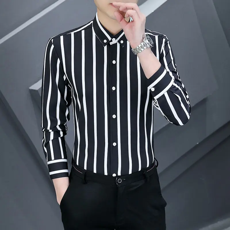 Spring Autumn New Contrast Color Fashion Striped Shirt Man High Street Casual Loose Button Long Sleeve England Office Cardigan