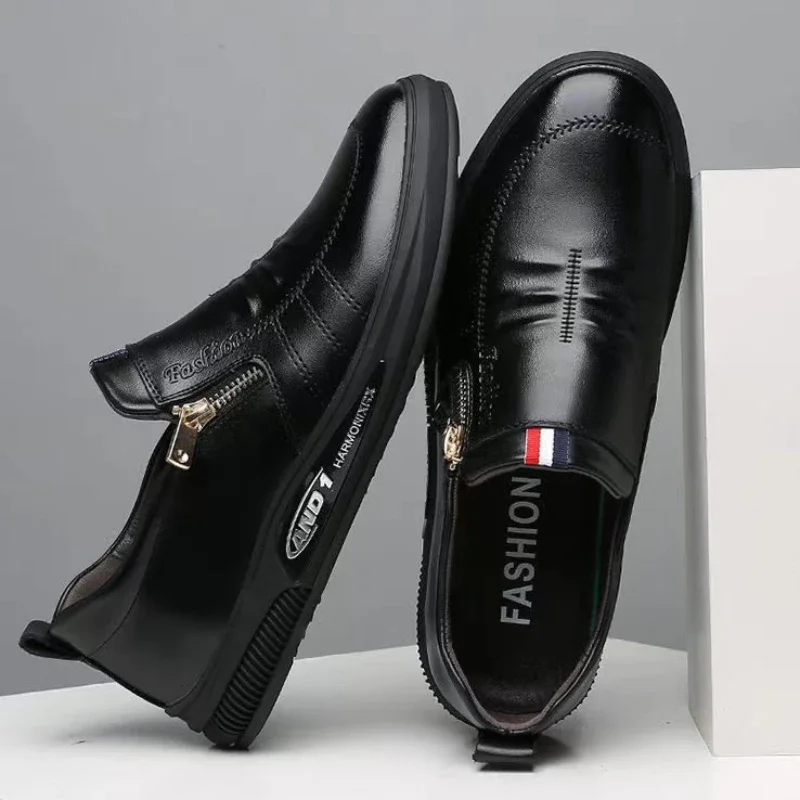 Business Men's Leather Shoes  Fashion Man Dress Shoes Autumn ZIP Man's Sneakes  2023 New Lightweight Flat  Male Casual Loafers 2
