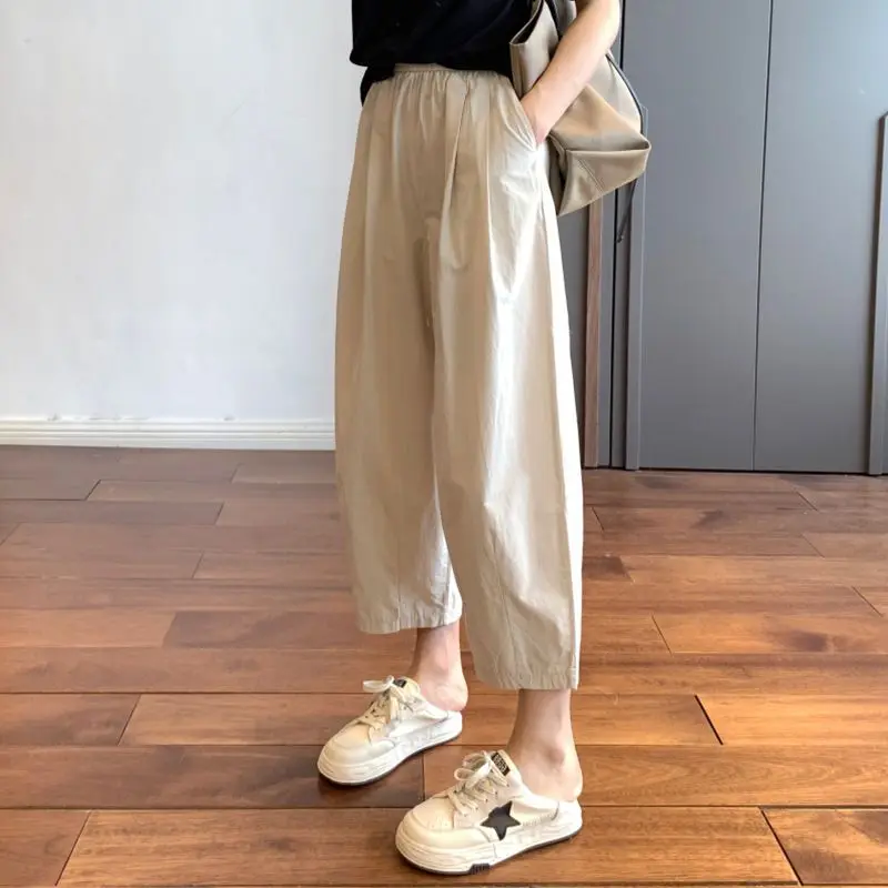 plus size women s summer new personality contrast color patch denim cropped pants elastic waist was thin harlan carrot pants Minimalist Japanese versatile new summer solid color women's high waisted fashionable loose pocket denim cropped Harlan pants