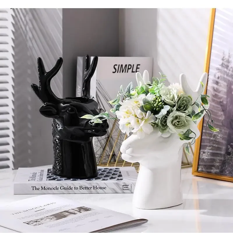 

Ceramic Head European-style Creative Arrangement Vase Decoration Flowers Dried Home Accessories Ornaments Flower Simple Deer